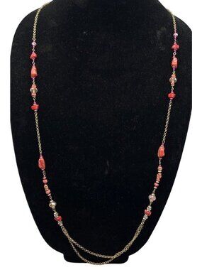 Necklace chain stones beads big clip pink red clear length 40" READ